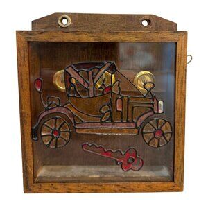 Wooden Key Holder Wall Mount VTG Stained Glass Antique Car Ford Model T Fob Trac
